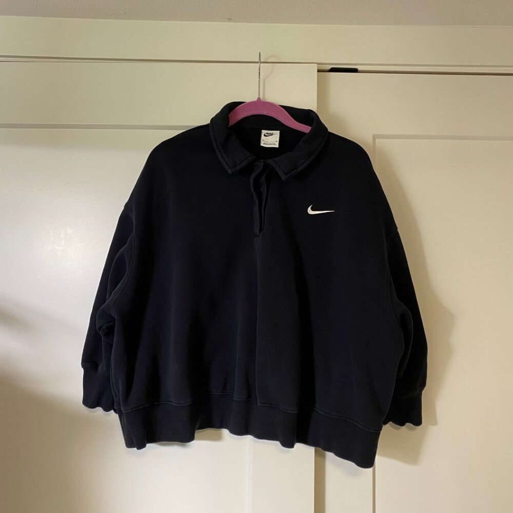 NIKE Womens 3X Phoenix Fleece 3/4 Sleeve Crop Polo Sweatshirt - Black Buttons